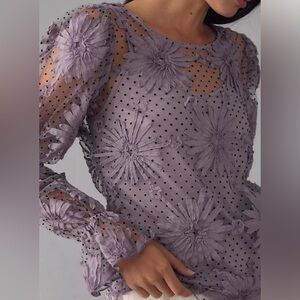 Anthropologie X Eva Franco Lace Polka-dot Floral Sheer Lavender Blouse Top SZ S